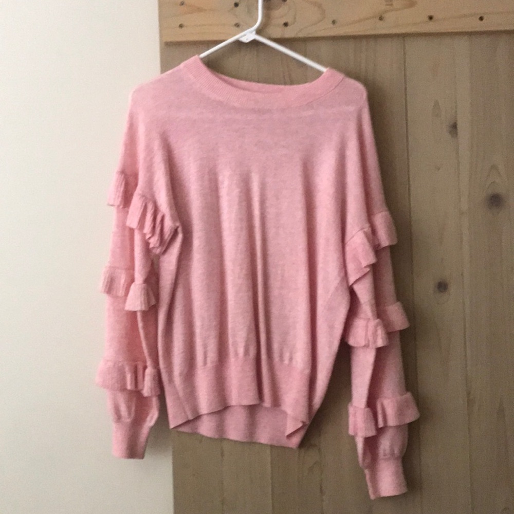 JCrew pink ruffle sleeve sweater